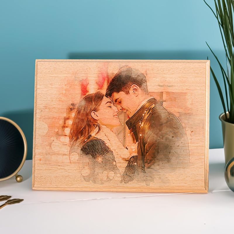 udelf Custom Photo on Wood, Engraved Photo on Wood with Watercolor Style, Custom Wall Art, Personalized Portrait from Photo as Long Distance Gift.