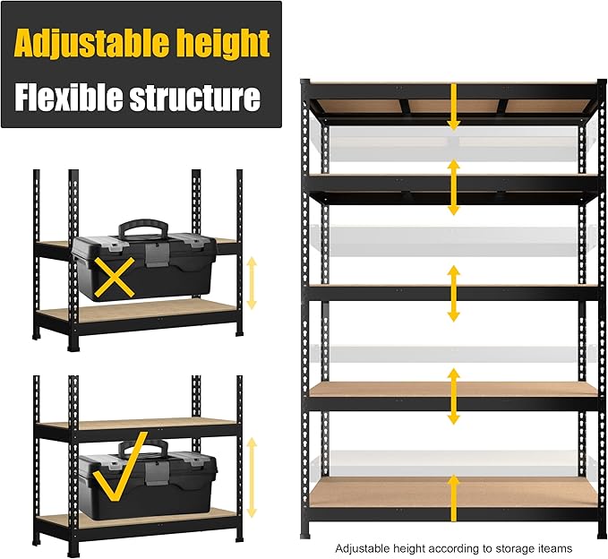 PrimeZone Heavy Duty Storage Shelves - 47"W x 18"D x 71"H 5 Tier Adjustable Garage Storage Shelving, Metal Storage Utility Rack Organizer Shelf Unit for Warehouse Pantry Closet Kitchen Basement, Black
