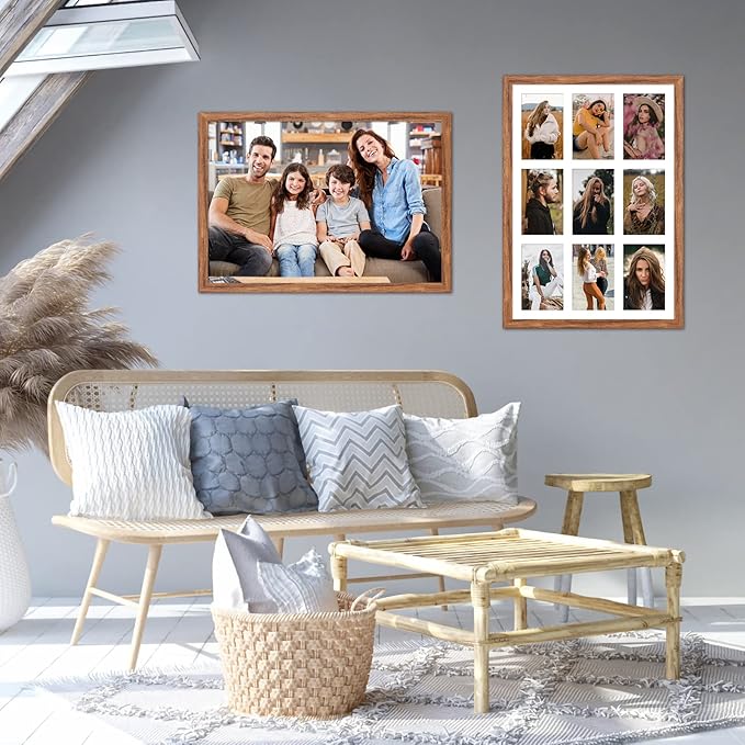 13.5X19.5 Collage frame with 9 Openings 4X6 Pictures, Multiple Picture Frame with Mat, Wall or Tabletop Decor, Carbonized Brown Wood Grain,2 Pack