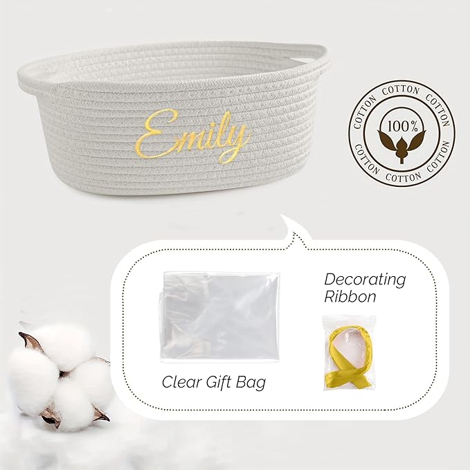 HUTARIO Personalized Woven Basket Embroidered Name with Gift Bags and Ribbons,Empty Small Rope Basket，Durable Storage Custom White Basket with Handles for Baby Showers or Christmas,12"×8"×5"