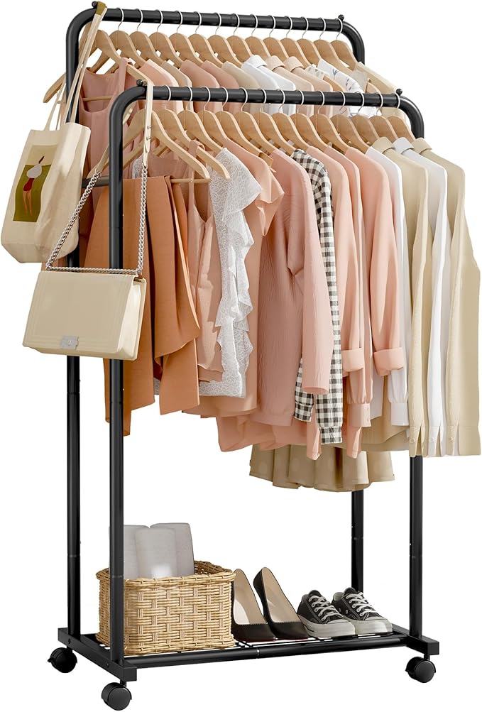 Clothes Rack - Clothing Rack with Storage Mesh Shelf & Casters, Heavy-Duty Metal Clothing Rack for Hanging Clothes, Dresses, Coats, Large Load Capacity, Easy Assembly, Black, 28.0"x16.0"x59.0"
