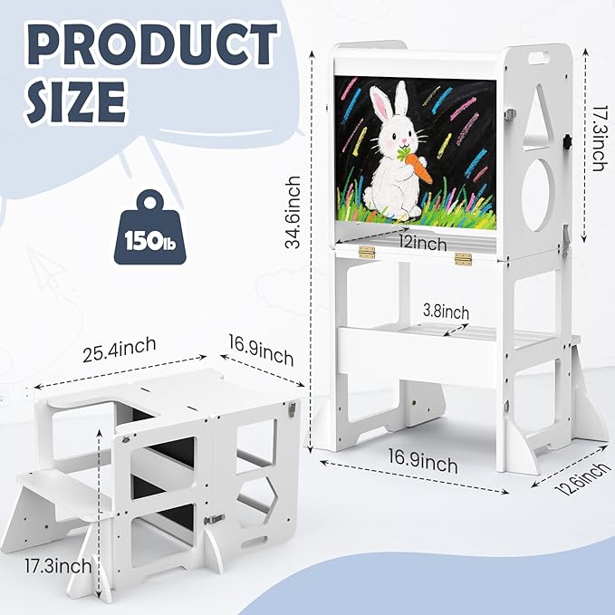 Woodure 4 in-1 Toddler Kitchen Step Stool, Foldable Learning Standing Tower with Blackboard, Wooden Kitchen Stool Helper for Kids, 1-3 Year Old Boy Girl Gifts - White