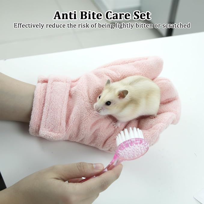 Hamster Bite Proof Glove and Grooming Brush Set, Adjustable Hamster Glove, Lid Soft Cleansing Brush Massage Combs, Guinea Pig Brush, Hamster Care Set for Hamsters, Ferrets, Hedgehogs (Pink)