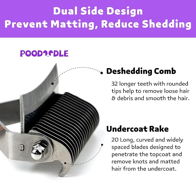 2 in 1 Undercoat Rake for Dogs and Cats, Professional Grooming Brush Dematting & Shedding Comb to Remove Loose Hair, Matted Fur Efficiently, Perfect for Poodle, Doodle & All Long Haired Pets