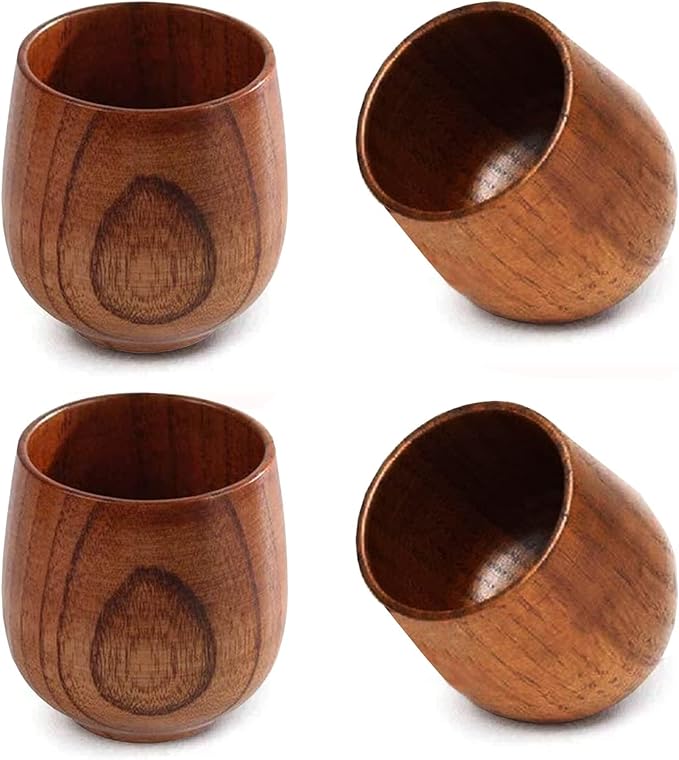 KUCKOW Wooden Tea Cups Top Grade Natural Solid Wood Tea Cup 4 Pack,Wooden Teacups Coffee Mug Wine Mug for drinking Tea Coffee Wine Beer Hot Drinks,100-200 ML Hand-made