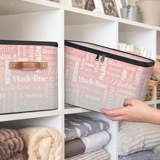 Custom Storage Basket with Name, Personalized Keepsake Box with Zipper Lid, Foldable Fabric Memory Bin Large capacity with Handle Pink White