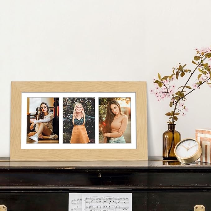 8x16 Picture Frame Display 3 opening Picture Frame 5x7 Collage,Multi Photo Frame with Mat,Plexiglass,Horizontal and Vertical Formats for Wall Decor,Natural Wood Grain