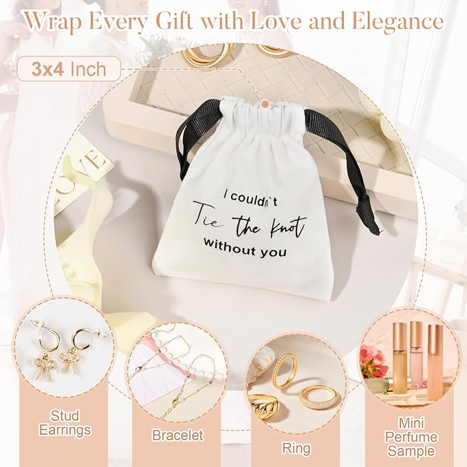 CEELGON 8 Pcs Drawstring Jewelry Pouch Bridesmaid Gift Bags Linen Cotton Fabric Wedding Bridal Party Favor Bags Bachelorette Tie The Knot Earring Packaging Proposal Gift (White)