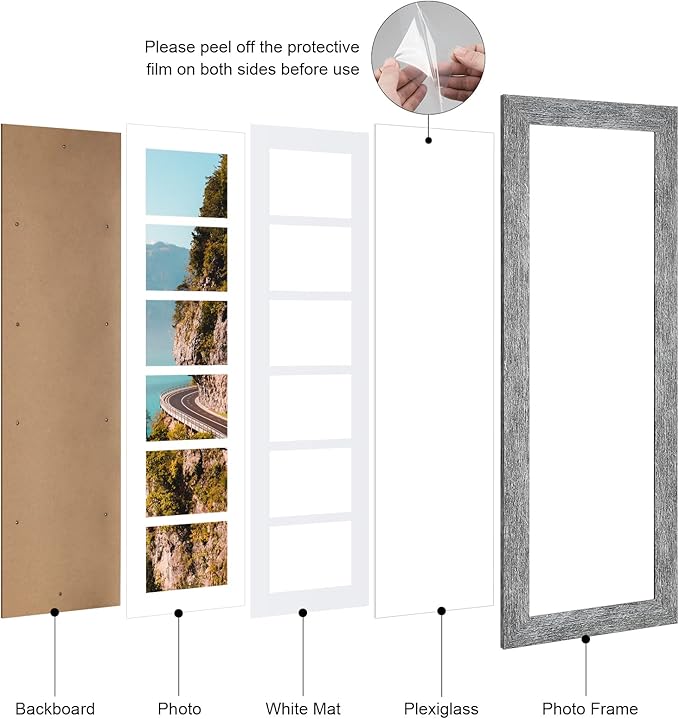 8x26 Picture Frame Display 6 opening 4X6 Picture Frame Collage,Multi Photo Frame with Mat,Plexiglass,Wall or Tabletop Decor,Grey Wood Grain