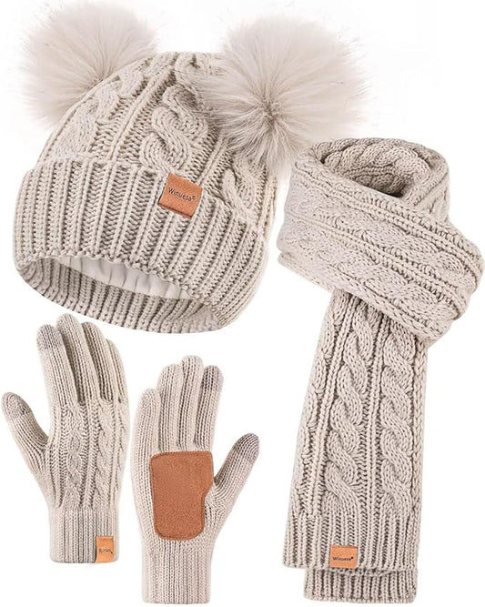 Winter Hat Scarf Glove Set for Women, Fleece Lined Beanie with Double Pom Pom, Touchscreen Gloves Knit Scarf for Cold Weather