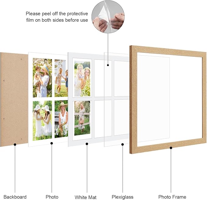 13x13 Collage frame with 6 Openings 4X6 Pictures, Multiple Picture Frame with Mat, Wall or Tabletop Decor, Natural Wood Grain,2 Pack
