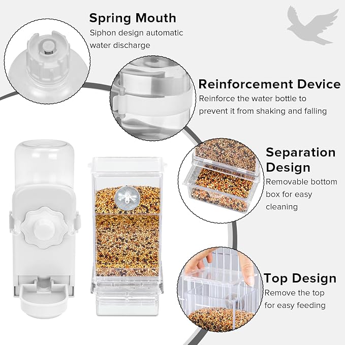 Lemtrflo No Mess Bird Feeder Water Dispenser Set, Automatic Bird Feeder | Parrot, Parakeet Cage Accessories