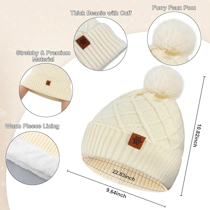 YARIEW Winter Hat Neck Warmer and Gloves Set for Women, Warm Knitted Beanie with Pom Pom, Soft Ear Warmer Scarf, Warm Gloves