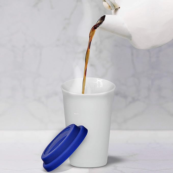 DISCOUNT PROMOS 11 oz. Double Wall Ceramic Tumblers with Lid - 6 Pack - Blue