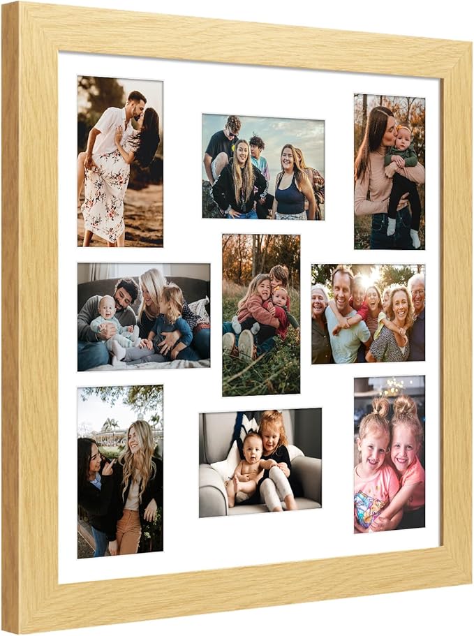 17x17 Picture Frame Display 9 opening 4X6 Picture Frame Collage,Multi Photo Frame with Mat,Plexiglass,Wall Mount Decor,Natural Wood Grain