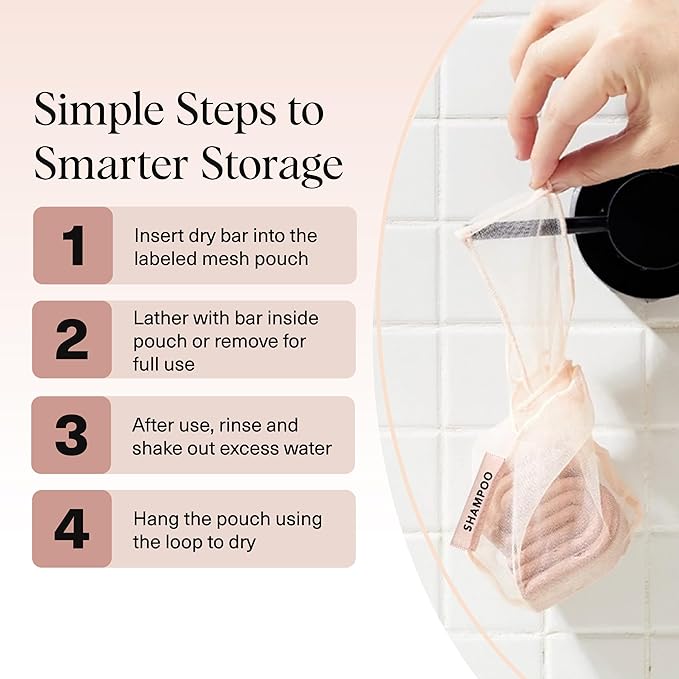 Kitsch Bar Soap Saver Bag – Patented Mesh Bag Soap Holder for Shampoo and Conditioner Bars - Extends Use & Prevents Soggy Mess - Recycled Mesh Beauty Pouch, Eco-Friendly – Blush