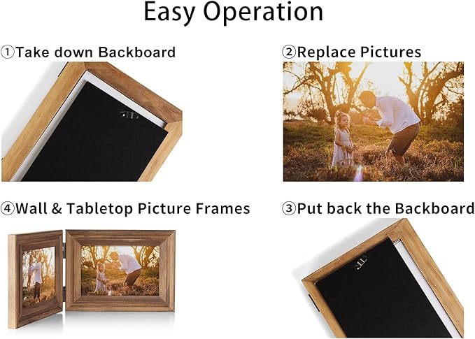 3 Vertical Horizontal Hinged Wood Picture Frame 4x6 and 5x7 Triple Folding Photo Frame Home Decor with Real Glass Front in Distressed Farmhouse Wood Grain for Tabletop, Display 4x6 with Mat or