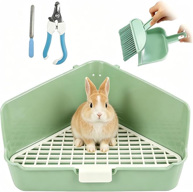 Large Rabbit Litter Box 10" x 10" x 7" with Broom & Grooming Kit, Low-Entry Corner Toilet Pan for Potty Training Rabbits Bunny Guinea Pigs Ferrets (Green)