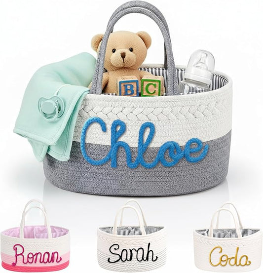 ubmpj Personalized Diaper Caddy Organizer - Custom Name Nursery Basket - Cotton Rope Storage for Baby Essentials - Baby Shower Basket for Boys & Girls