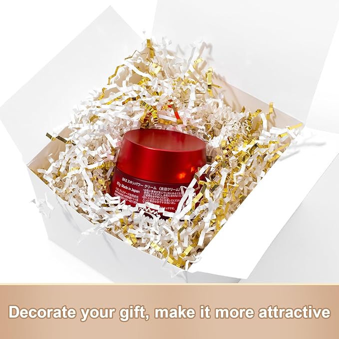 Wowxyz 2 LB Crinkle Cut Paper Shred White & Gold Gift Box Filler - Baskets Stuffing Shredded Paper Confetti for Christmas, Holiday Gifts Packaging Wrapping