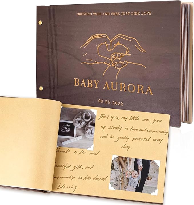 Personalized Baby Memory Book，Wooden Keepsake Baby Memory Book Boys & Girls，Wooden Baby Keepsake Book for Newborn Baby Gifts
