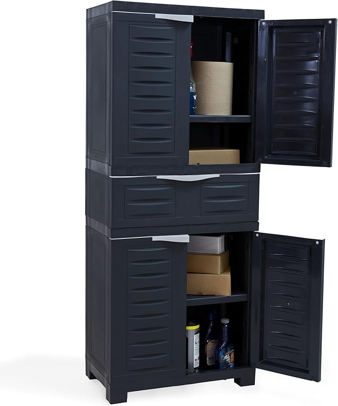 Sunnydaze 57" H Resin Garage Storage Cabinet - Garage Cabinet with 2 Adjustable Shelves - Freestanding Utility Storage for Laundry Room, Office, Basement - Charcoal