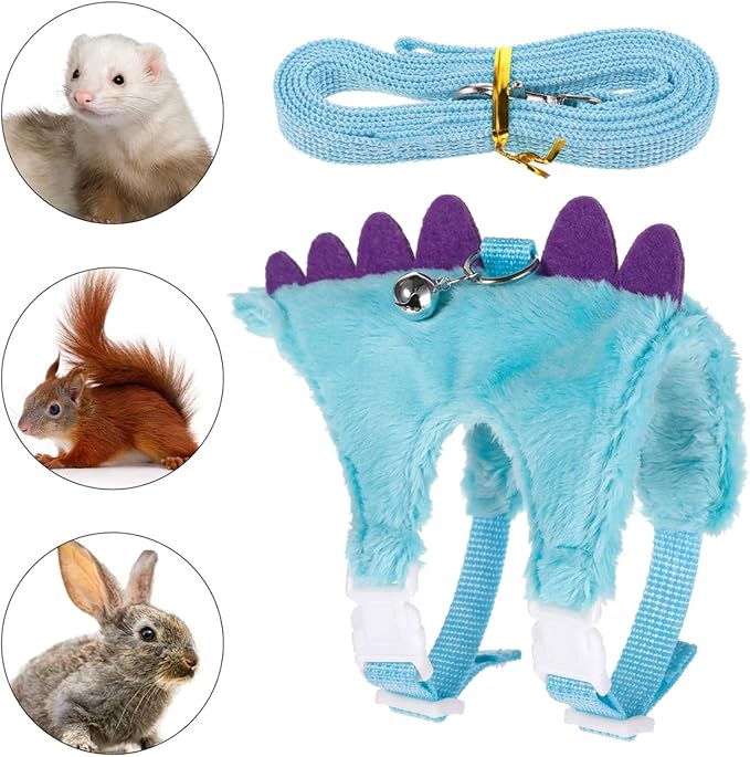 Ferret Harness and Leash Set Small Animals Vest Harness with Safe Bell Dinosaur Shaped Leash Set for Baby Rabbit Guinea Pig Teacup Chihuahua Mouse and Other Small Pet (Blue)