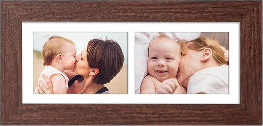 6x15 Picture Frame Display 2 opening 5X7 Double Picture Frame Collage,Multi Photo Frame with Mat,Plexiglass,Horizontal and Vertical Formats for Wall Decor,Walnut Wood Grain