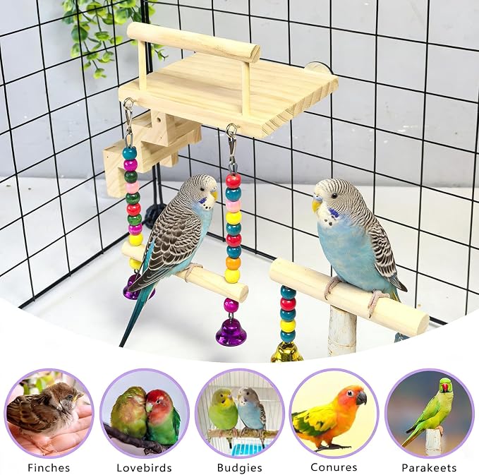 Bird Perch Platform with Ladder & Swing,Parrot Wooden Play Gym Cage Toys | Bird Wood Playing Exercise Stands Perches,Parakeet Climbing Ladder Playground Cage Accessories for Cockatiel Budgie Lovebird