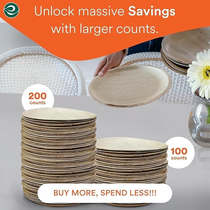 ECO SOUL 400 Count Round Palm Leaf Plates of 6 Inch - Disposable, Eco-Friendly, Biodegradable Bamboo Plates - Perfect for Parties, Catering, Weddings & Large Events