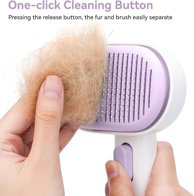 aumuca Cat and Dog Grooming Brush for Shedding, Removes Loose Fur from Long or Short Haired Pets - Ideal for Cats, Kittens, Rabbits, and More - Purple | Self Cleaning Pet Brush for Long or Semi-Short Haired Cats, Removing Loose Fur & Tangles and Massage
