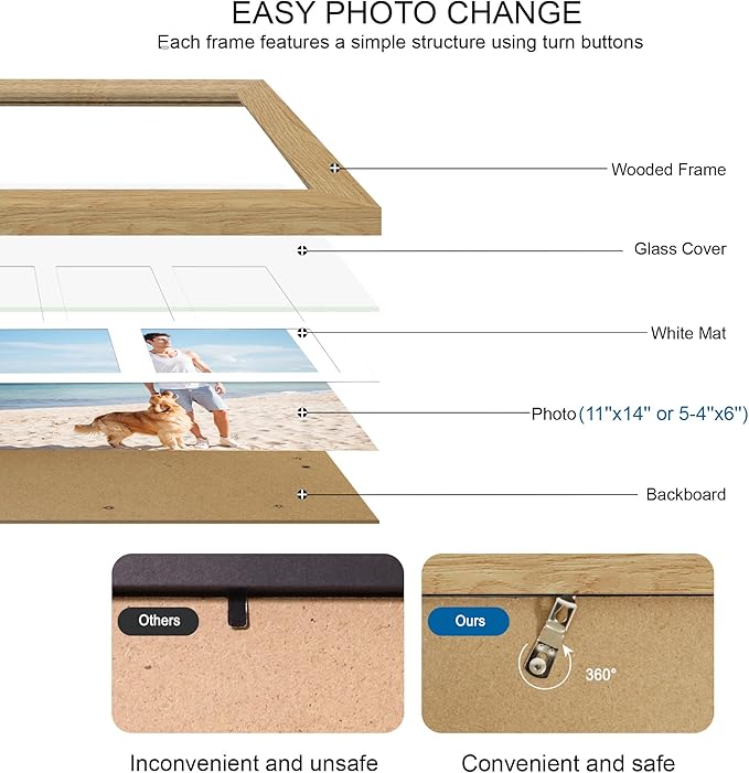 11x14 Picture Frame Set of 2, Natural Oak Wood Frame with Real Glass Collage Picture Frames, Display Pictures Five 4x6 With Mat or 11 x 14 Without Mat, Photo Frames Wall Gallery