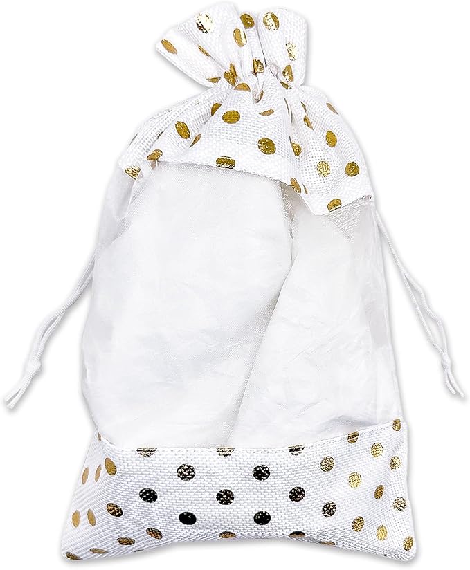 12-Pack X-Large Linen Burlap & Organza Gift Bags w. Drawstrings (7.5x11.5 in, White/Gold Polka) - Party Favors, Presents, Samples & Treats Mesh Pouch by The Display Guys