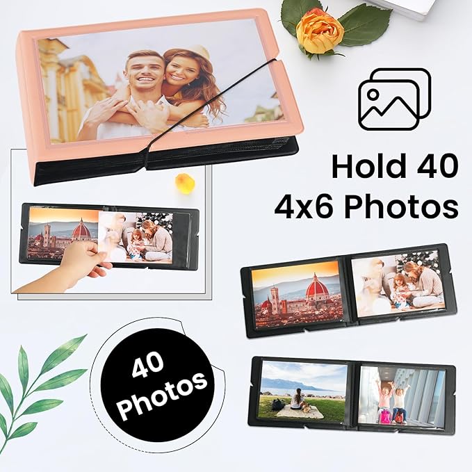 Lifting Small Photo Album 4x6 Holds 40 Photos with Customizable Cover，Mini Leather Picture Album Book for Wedding，Family，Baby Memories (Pink)