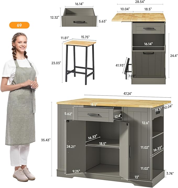 ONBRILL Stationary Kitchen Islands Include 2 Chairs, 47" Kitchen Island with Drop Leaf, Home Bar Table with Spice Rack & with Trash Cabinet, Island Table for Dining Room with Power Outlet, Grey