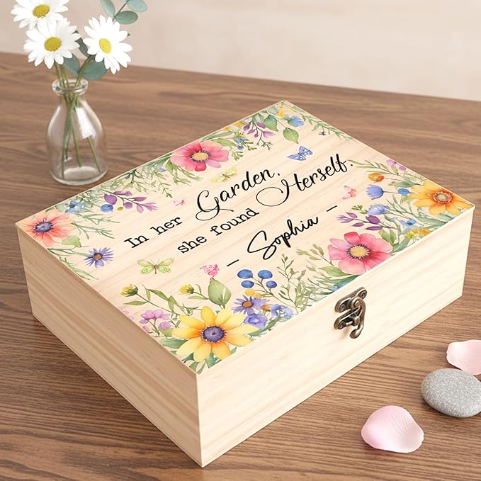 Personalized Wooden Box for Women, Pine Keepsake Garden Wood Box with Lids, Memory Storage Wooden Boxes for Mom Wife Gardener, Birthday Housewarming Christmas Gifts