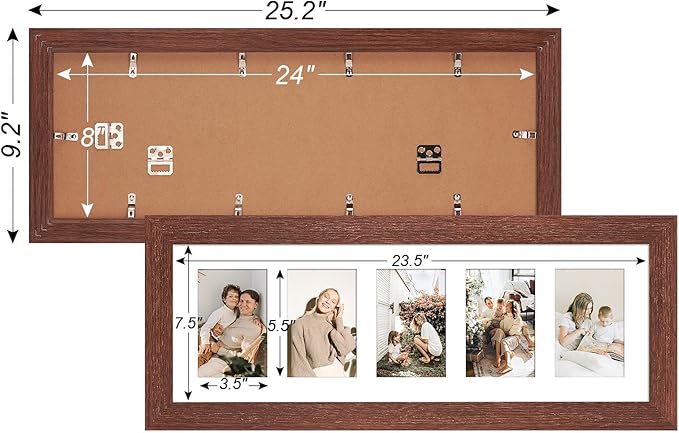 8x24 Picture Frame Display 5 opening 4X6 Picture Frame Collage,Multi Photo Frame with Mat,Plexiglass,Wall or Tabletop Decor,Walnut Wood Grain