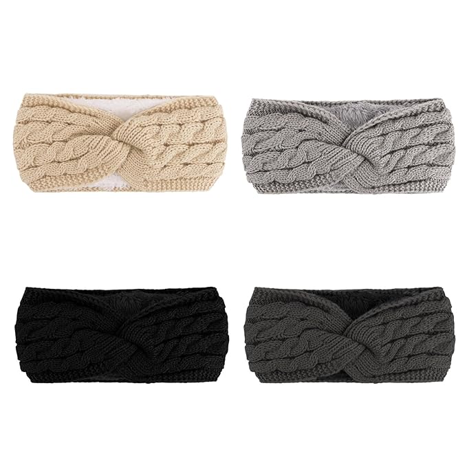 4 Pack Winter Headbands for Women Knitted Headbands for Women Knit HairBands, Fleece-Lined Winter Headwear for Warmth & Style, Ear Warmers Daily Wear & Outdoor Activities and Chrismas Gifts