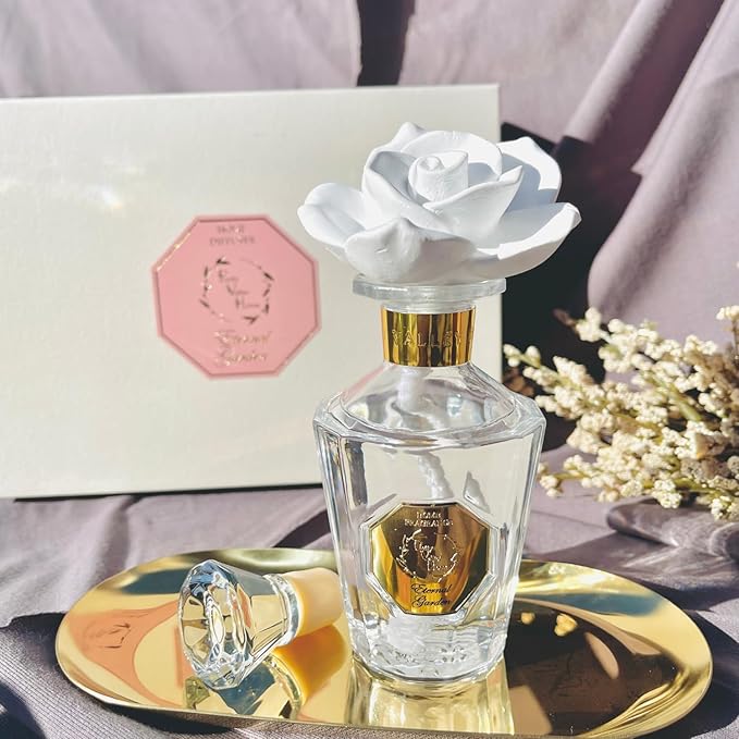 Reed Diffuser Set, Pretty Valley Home Diffuser Rose Petals Gypsum White Flower Oil 100Ml / 3.38fl OZ Gift Box for Bathroom Office Bathroom Living Room Decor (Eternal Garden)