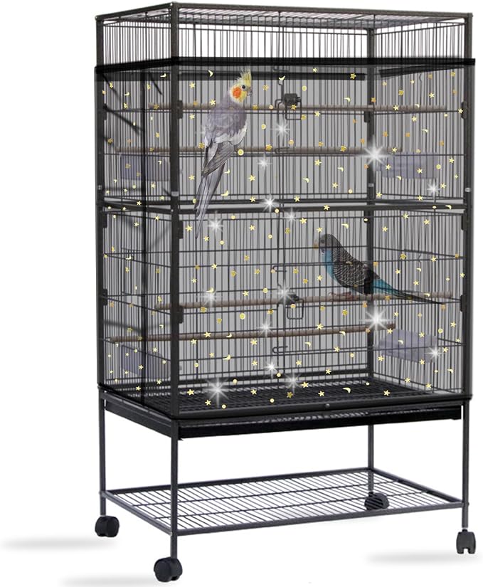 Daoeny Bird Cage Seed Catcher, Large Bird Cage Cover, Adjustable Soft Airy Nylon Mesh Net, Birdcage Cover Skirt Seed Guard for Parrot Parakeet Macaw African Round Square Cages (Black, Sequins Star)