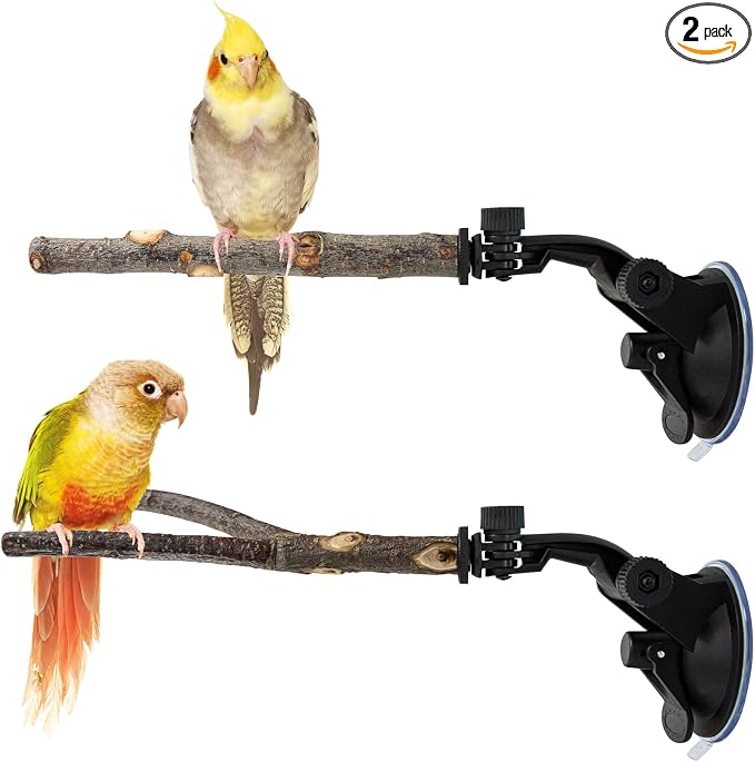 2 Pcs Parrot Perch Stand, Strong Suction Cup Bird Perch, Movable Perch Stand Bird Training Set, for Window Mirror Car Shower Ceramic Tiles Bath Wood Training Perch, for Bird, Cockatoo, Macaw, Parakeet