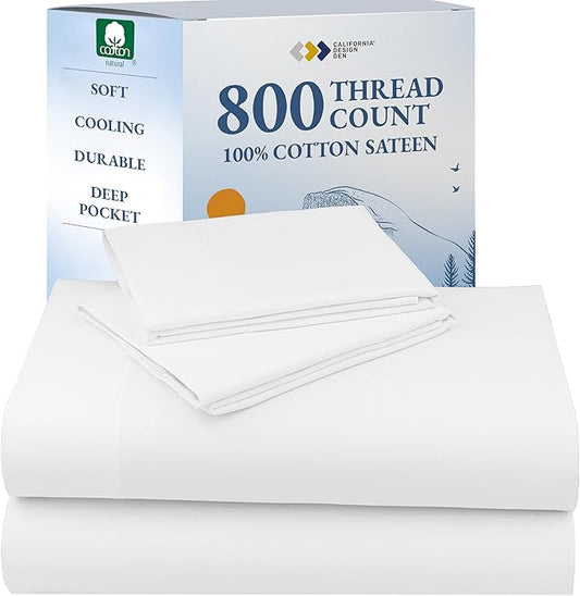 California Design Den Luxury Sheets Full Size Bed Set - Buttery Soft 800 Thread Count Sateen, 100% Cotton Sheet Sets, Deep Pockets, Durable Bedding Set - White