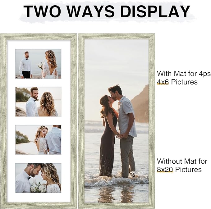 Vittanly 8x20 Collage Picture Frame, Displays 4Pcs 4x6 Pictures with Mat or 1Pcs 8x20 without Mat, Picture Frames Collage Wall Decor for Horizontal or Vertical Display, Driftwood, 1 Pack
