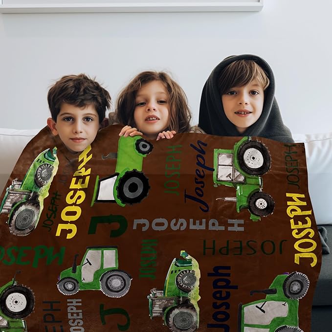 Personalized Tractors Blanket - Custom Name with Farm Tractor Trucks Design - Soft Plush Flannel Bed Blanket for Baby Kid Teen Boys Girls Customized Gifts Brown