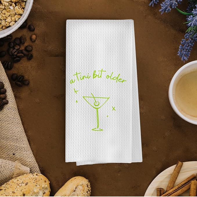 Martini Cocktail Kitchen Towels - Tini Bit Older Decorative Waffle Dish Towels, Green Martini Bar Party Decorations, Hand Tea Towel, 16x24 Inch