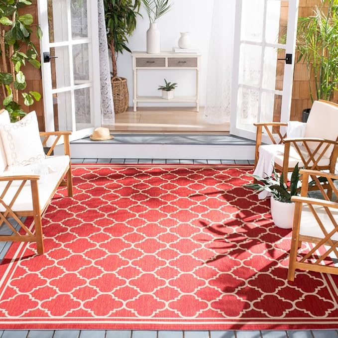 SAFAVIEH Washable Rug Outdoor Courtyard Collection - 10' x 14', Red & Bone, Non-Shedding & Easy Cleaning, Ideal for Patio, Backyard, Mudroom (CY6918-248)