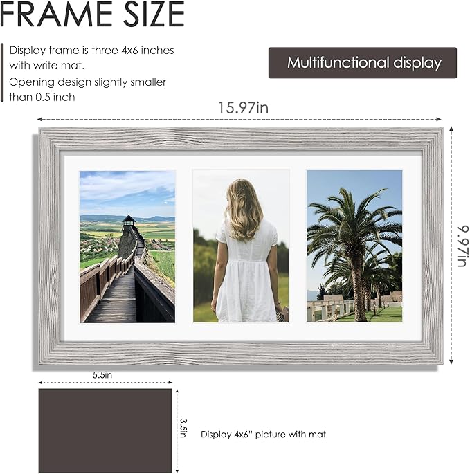 8x14 Collage Picture Frame 4x6 Collage Picture Frame Displays Three 4x6 inch Photos or 8x14 (Without Mat) for Available Horizontal Wall Mounting Display and Vertical Grey