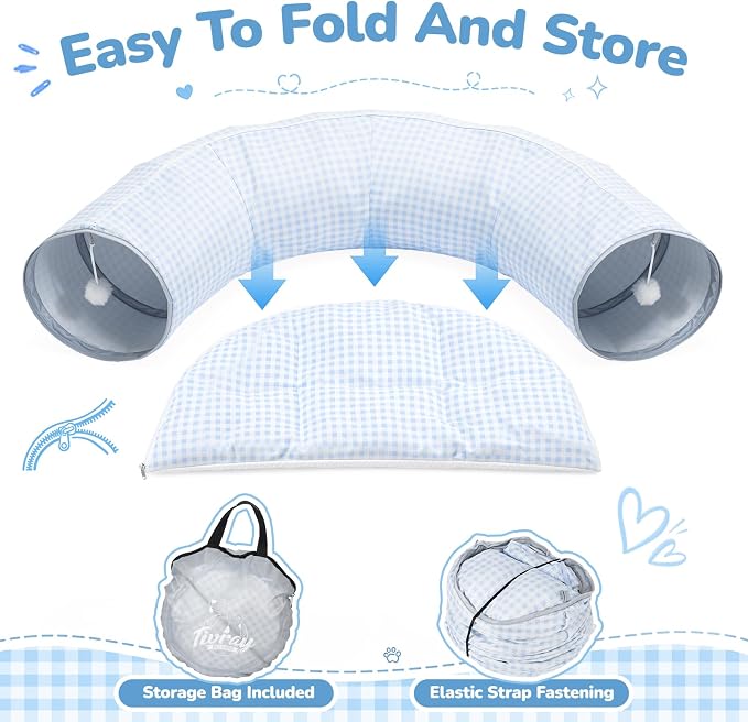 Bunny Tunnel Bed, 2-in-1 Collapsible Rabbit Guinea Pig Hideout, Blue | Removable Mat, Small Animal Tubes, Pet Rest Play Toy Indoor for Cats Kittens Rabbits Bunnies Ferret
