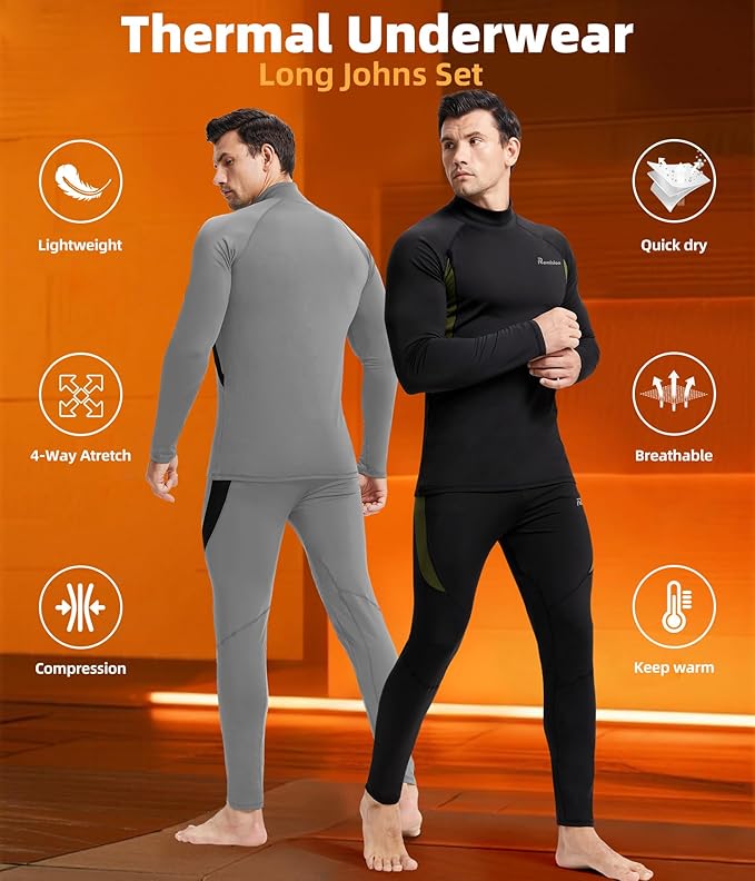 romision 2 Pack Thermal Underwear for Men Long Johns Fleece Lined Hunting Gear Bottom Top Set Base Layer Cold Weather XS-4XL