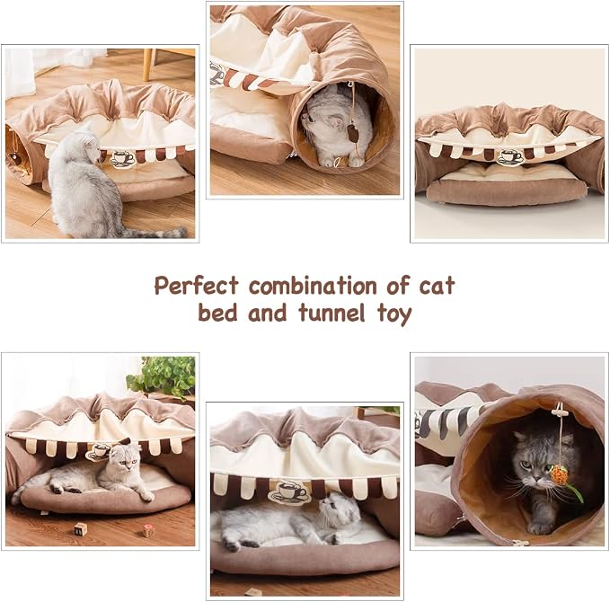 EAEDMY Cat Rabbit Tunnel Bed Nest for Cats Indoor, with Collapsible Washable Soft Cushion, Plush Ball and Exercise Wheel Tube, Fit for Puppy Bunny Kitty Kitten Ferret(2.Coffee)